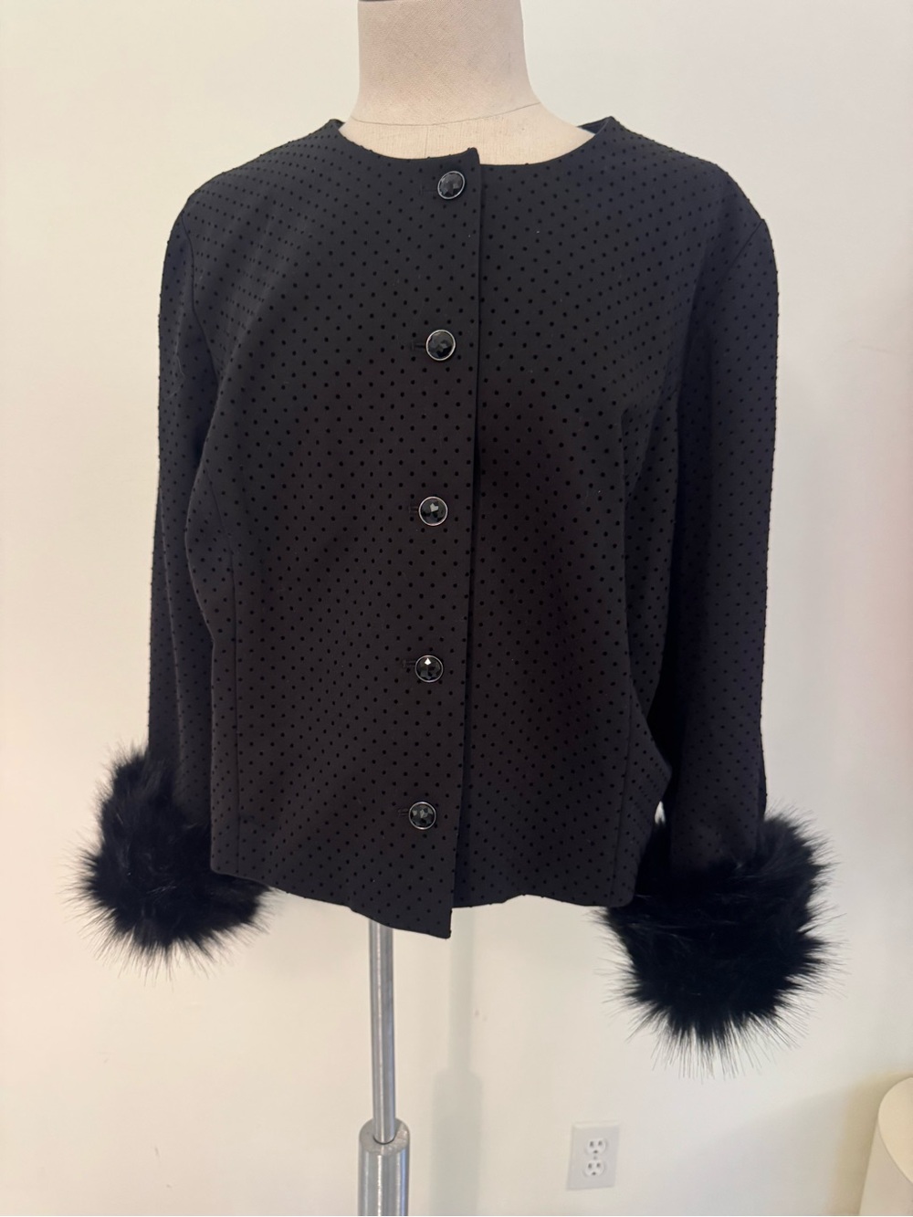Chico's Black Textured Button-Front Jacket with Faux-Fur Cuffs